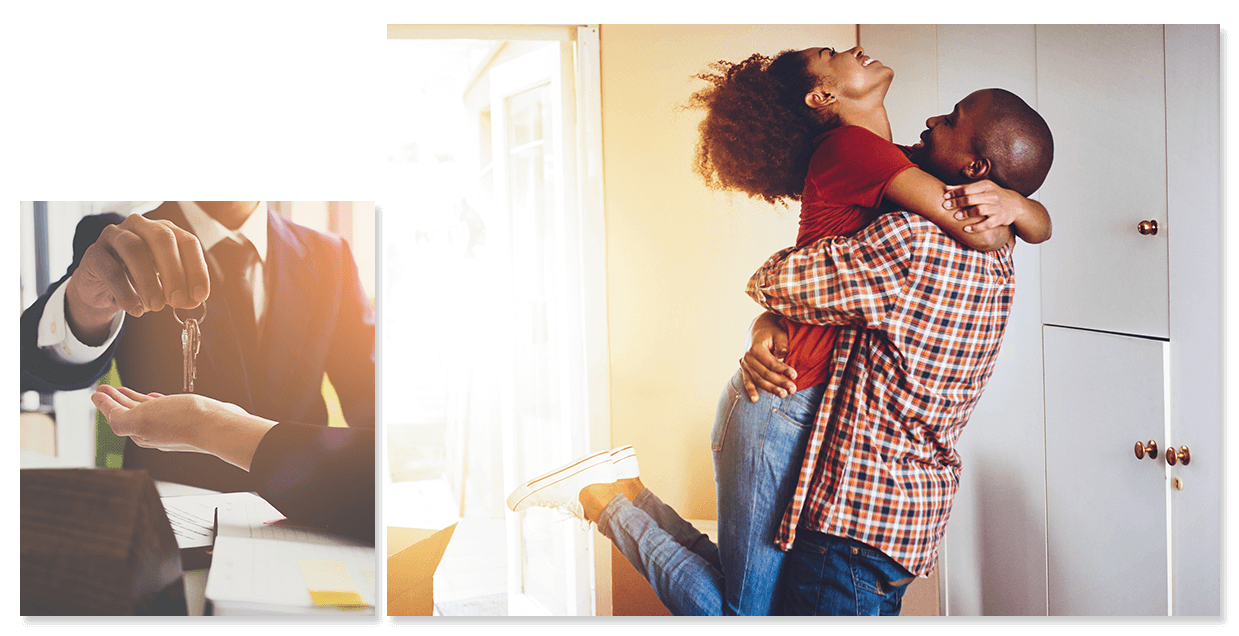 Montage of happy couple after getting financing for new home.